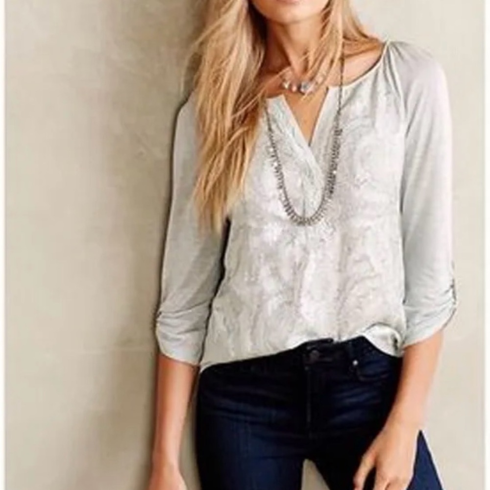 Anthropologie TINY brand lurex embroidered Top M metallic sliver EUC